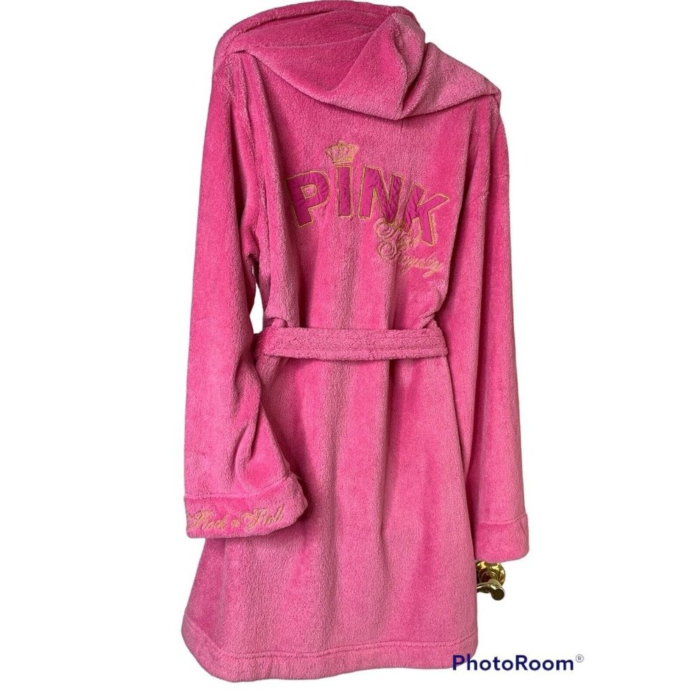 Victoria's Secret PINK M/L Gold Embroidery Plush Bath Robe Hoodie Barbie Core VS